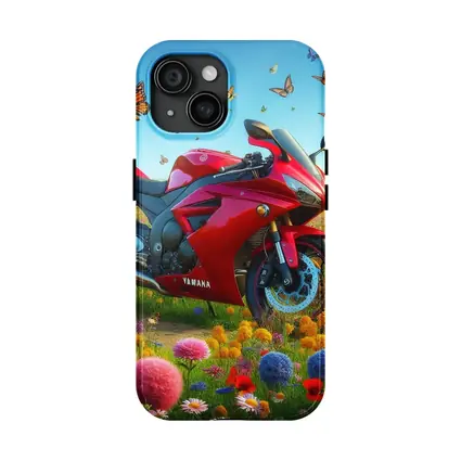 Red Yamaha Sport Bike Wildflower Meadow Butterflies