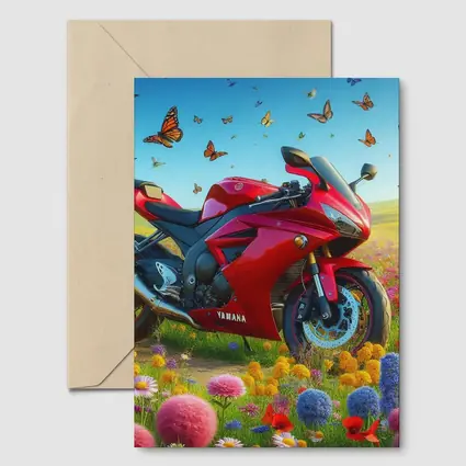 Red Yamaha Sport Bike Wildflower Meadow Butterflies
