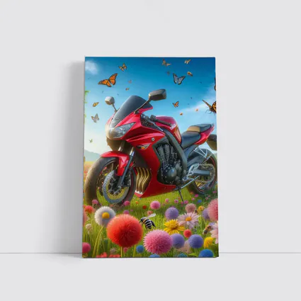 Red Sport Bike Colorful Flower Field Butterflies