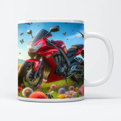 Red Sport Bike Colorful Flower Field Butterflies