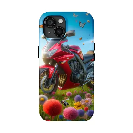 Red Sport Bike Colorful Flower Field Butterflies
