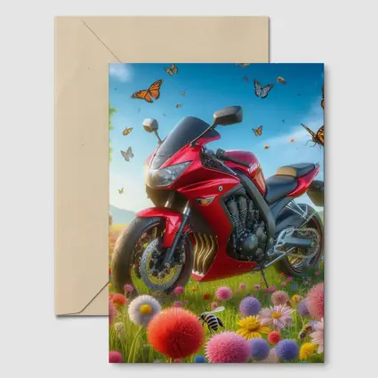 Red Sport Bike Colorful Flower Field Butterflies
