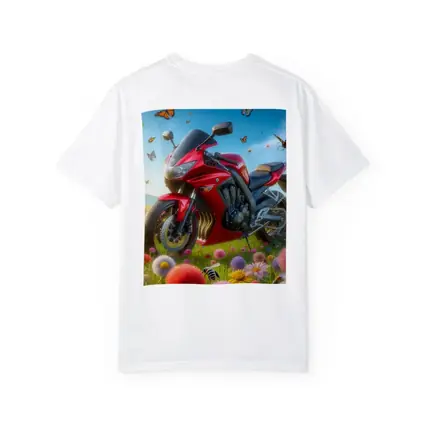 Red Sport Bike Colorful Flower Field Butterflies