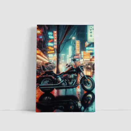 Harley Davidson Chopper Neon Rainy City Street