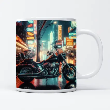 Harley Davidson Chopper Neon Rainy City Street
