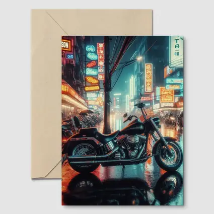 Harley Davidson Chopper Neon Rainy City Street
