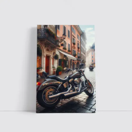 Harley Davidson Cruiser on European Cobblestone Street