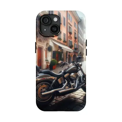 Harley Davidson Cruiser on European Cobblestone Street