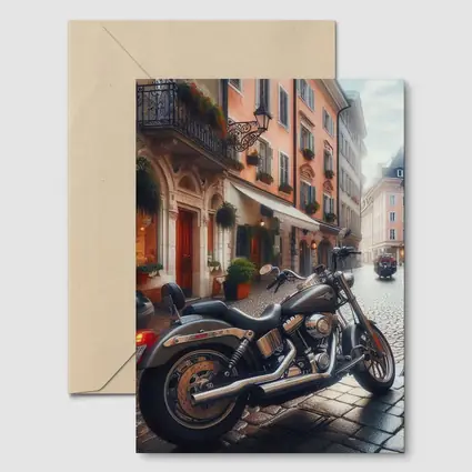 Harley Davidson Cruiser on European Cobblestone Street