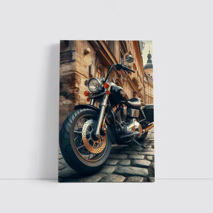 Harley Davidson Chopper on Cobblestone Street