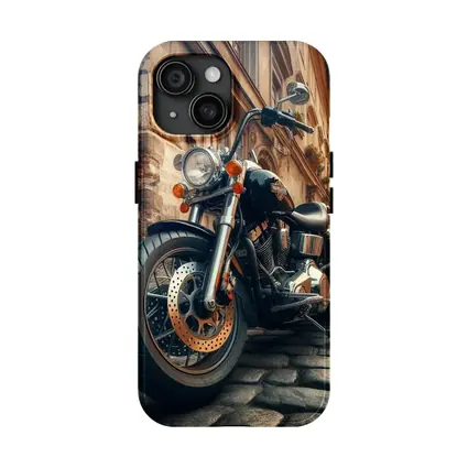 Harley Davidson Chopper on Cobblestone Street