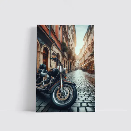 Harley Davidson Cruiser on European Cobblestone Street
