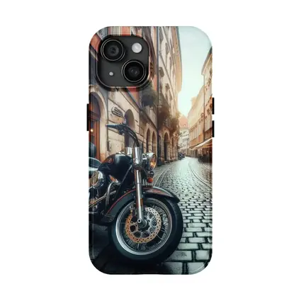 Harley Davidson Cruiser on European Cobblestone Street