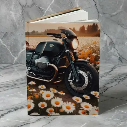 Cafe Racer Motorcycle Daisy Field Sunset