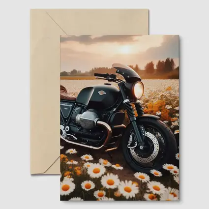 Cafe Racer Motorcycle Daisy Field Sunset