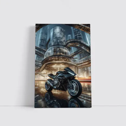 Black Sport Bike Futuristic City Background