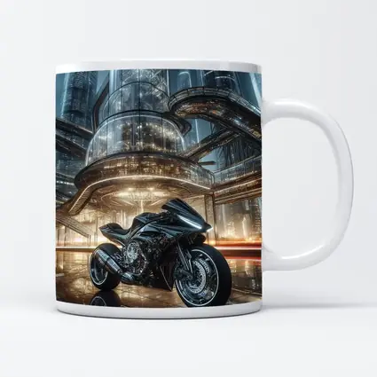 Black Sport Bike Futuristic City Background