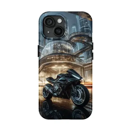 Black Sport Bike Futuristic City Background