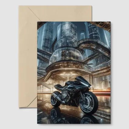 Black Sport Bike Futuristic City Background