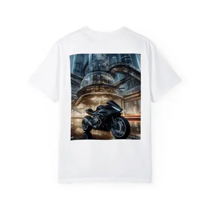 Black Sport Bike Futuristic City Background