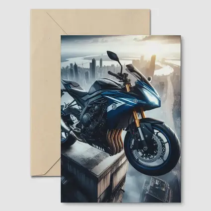 Yamaha Sport Bike Above Futuristic City Skyline