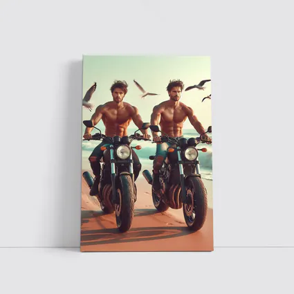 Shirtless Men Riding Motorcycles Beach Seagulls