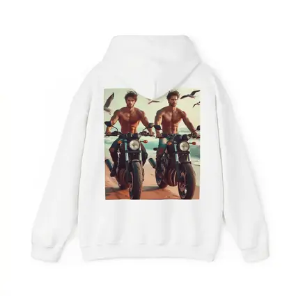 Shirtless Men Riding Motorcycles Beach Seagulls