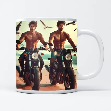 Shirtless Men Riding Motorcycles Beach Seagulls