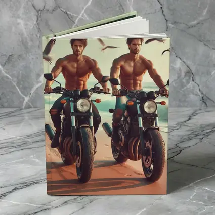 Shirtless Men Riding Motorcycles Beach Seagulls