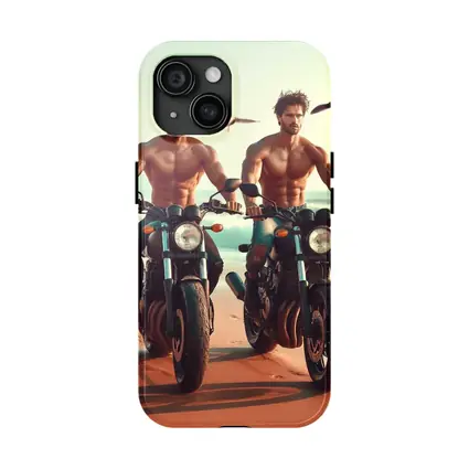 Shirtless Men Riding Motorcycles Beach Seagulls