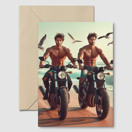 Shirtless Men Riding Motorcycles Beach Seagulls