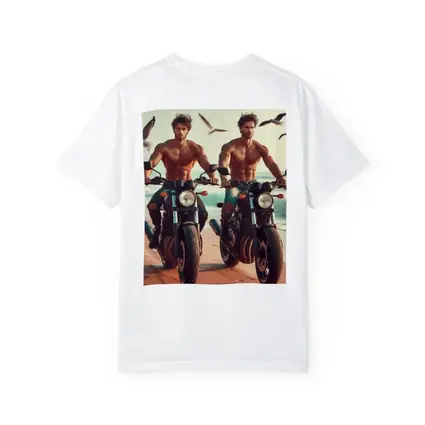 Shirtless Men Riding Motorcycles Beach Seagulls