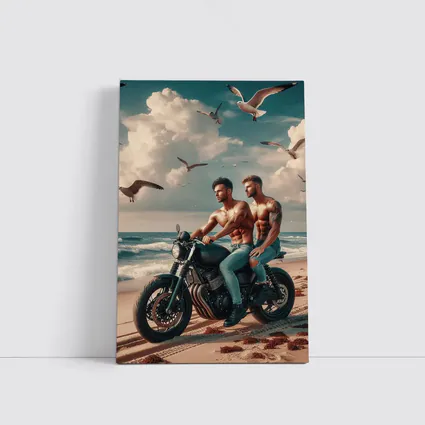 Two Men Cafe Racer Motorcycle Beach Scene