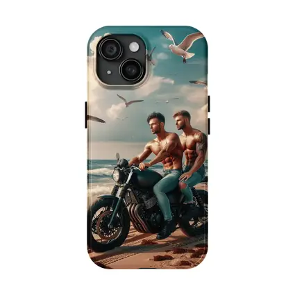 Two Men Cafe Racer Motorcycle Beach Scene