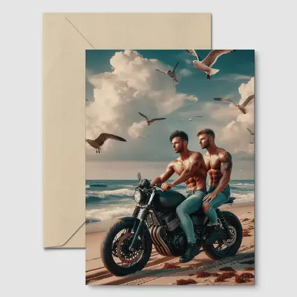 Two Men Cafe Racer Motorcycle Beach Scene