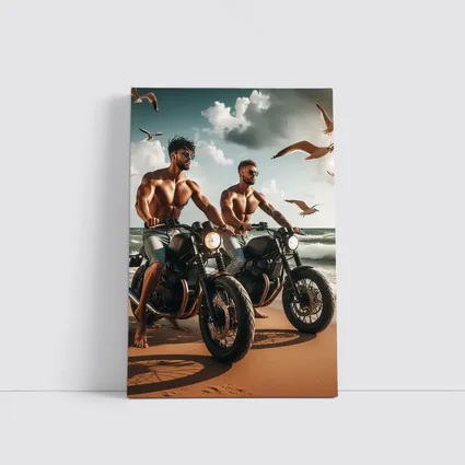 Muscular Men Riding Motorcycles on Beach