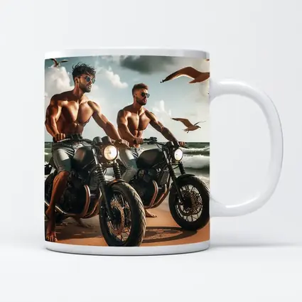 Muscular Men Riding Motorcycles on Beach