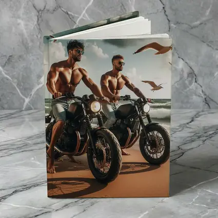 Muscular Men Riding Motorcycles on Beach