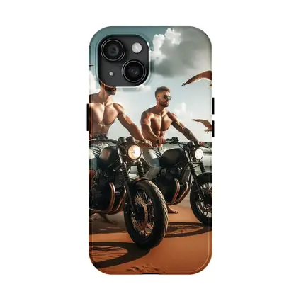 Muscular Men Riding Motorcycles on Beach