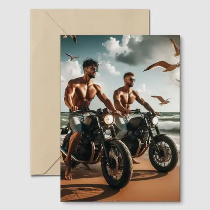 Muscular Men Riding Motorcycles on Beach