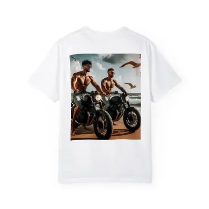 Muscular Men Riding Motorcycles on Beach