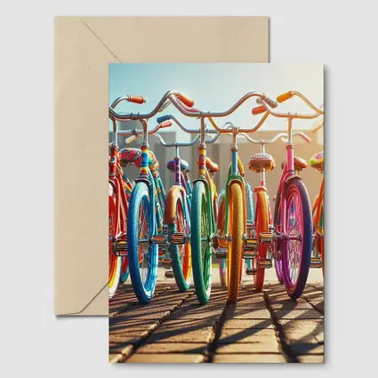 Colorful Retro Bicycles Parked Sunny Street