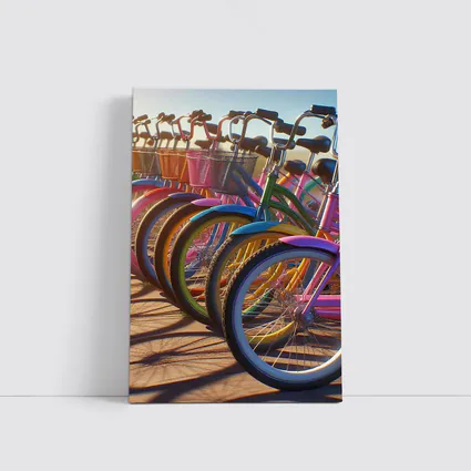 Colorful Beach Cruiser Bicycles Parked in Row