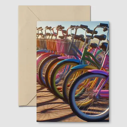Colorful Beach Cruiser Bicycles Parked in Row