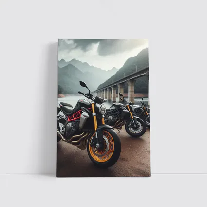 Naked Sport Bikes Parked By Mountain Bridge
