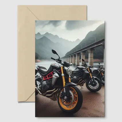 Naked Sport Bikes Parked By Mountain Bridge