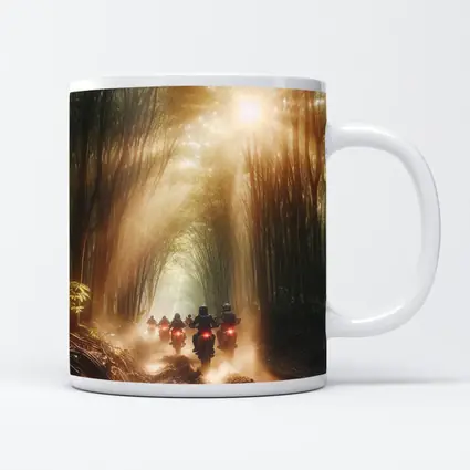 Motorcycles Riding Through Sunlit Bamboo Forest