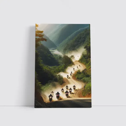 Motorcycles Riding Dusty Mountain Road Group