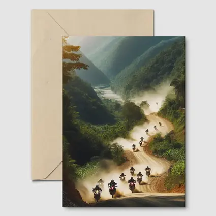 Motorcycles Riding Dusty Mountain Road Group