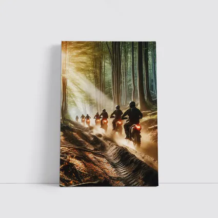 Dirt Bike Riders Racing Through Forest Trail